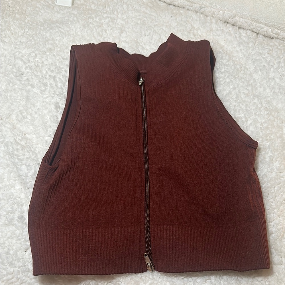 Brown Sleeveless Zip-Up Top